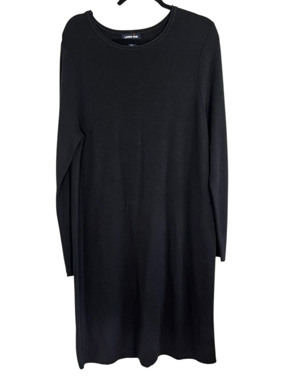 Lands End Knit Sweater Dress L Black Roll Neck Neutral Preppy Resort Old Money